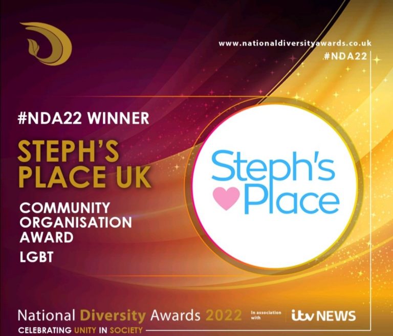 Flyer of Steph's Place winning 2022 National Diversity Awards for Community Organisation Award LGBT