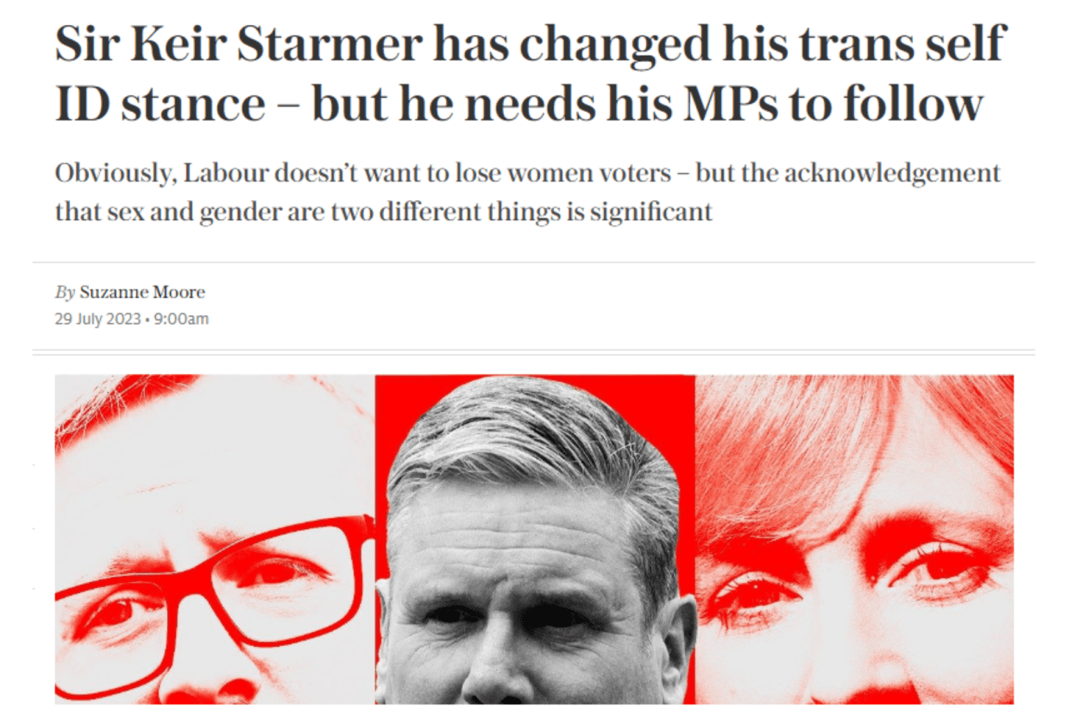 Suzanne Moore - Telegraph - Keir Starmer - Labour policy change concerning Gender Recognition Act reform