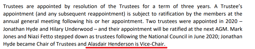 Text from the LCF charity report showing Henderson being voted in as Vice Chair of Trustees of the LCF