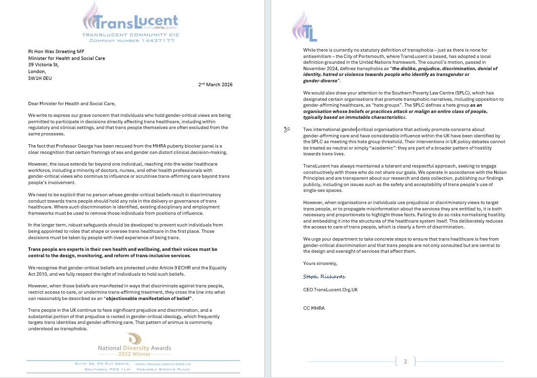 Our letter sent today to Rt Hon Wes Streeting MP 1 Wes Ltr 02 03 26 Wes Ltr 02 03 26